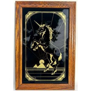 Vintage Reverse Glass Black and Gold Unicorn Wall Art in Oak Frame